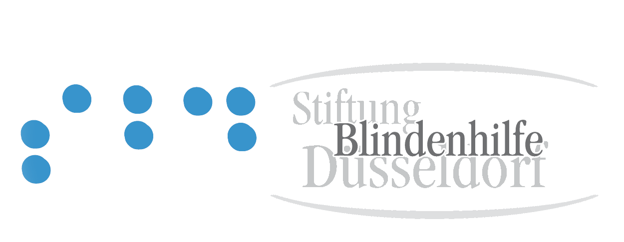 Logo Stiftung Blindenhilfe Düsseldorf. Das Logo zeigt das blaue Stockmännchen mit dem Schriftzug 